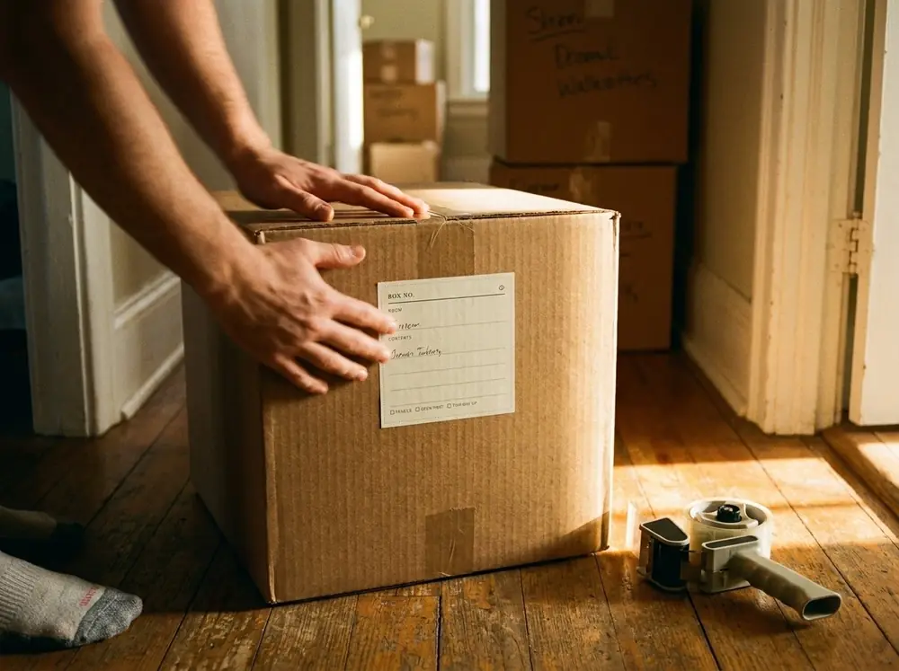 Hands pressing a numbered Unpacked box label onto a cardboard moving box in a sunlit hallway.