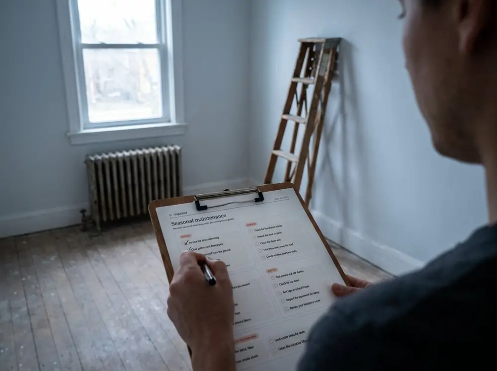 A person holding a clipboard with the Unpacked seasonal maintenance page in an empty room being renovated.