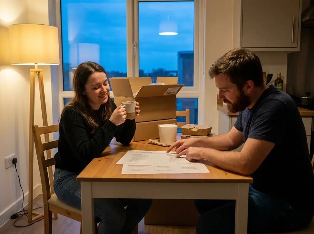 A couple sitting at their kitchen table the evening they moved in, reviewing the Unpacked change-of-address checklist next to open boxes.