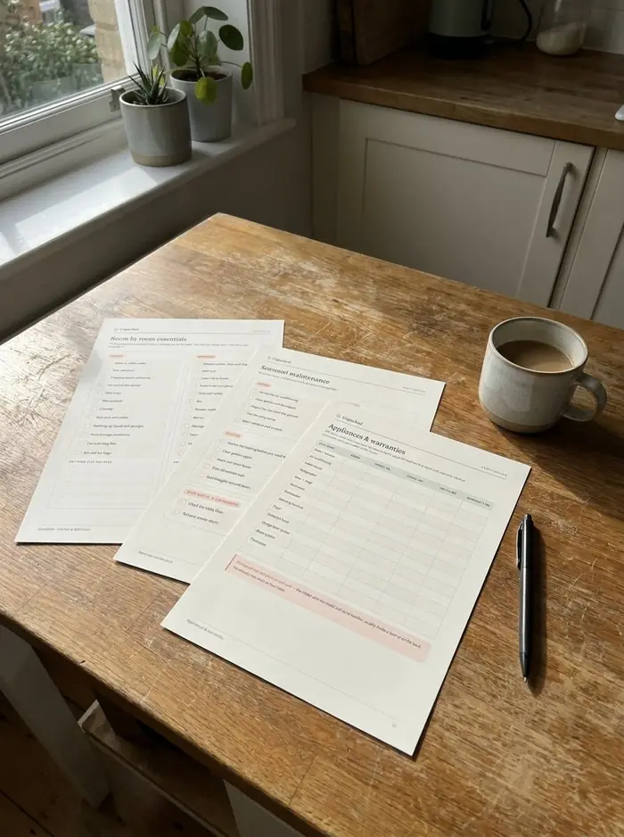 The New Home Organizer cover and pages laid out on a desk next to moving boxes and tape.