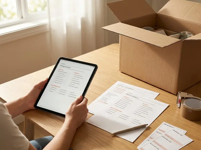 A person using the Unpacked organizer on a tablet beside printed planning pages and moving boxes.