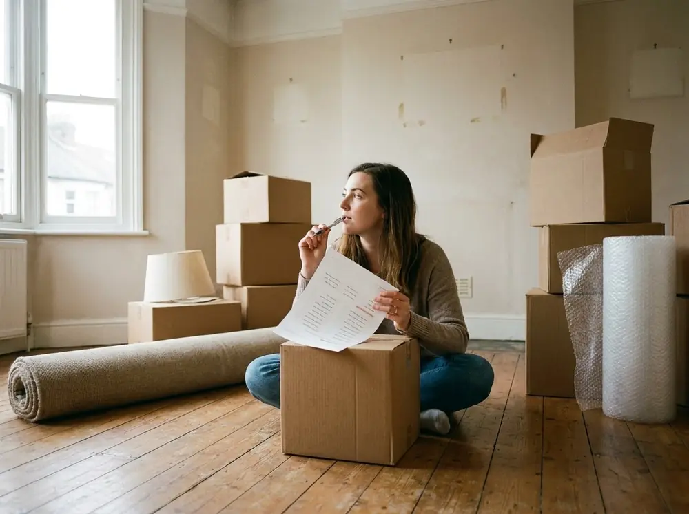 A woman sitting on the floor of her new home surrounded by moving boxes, holding a checklist page.