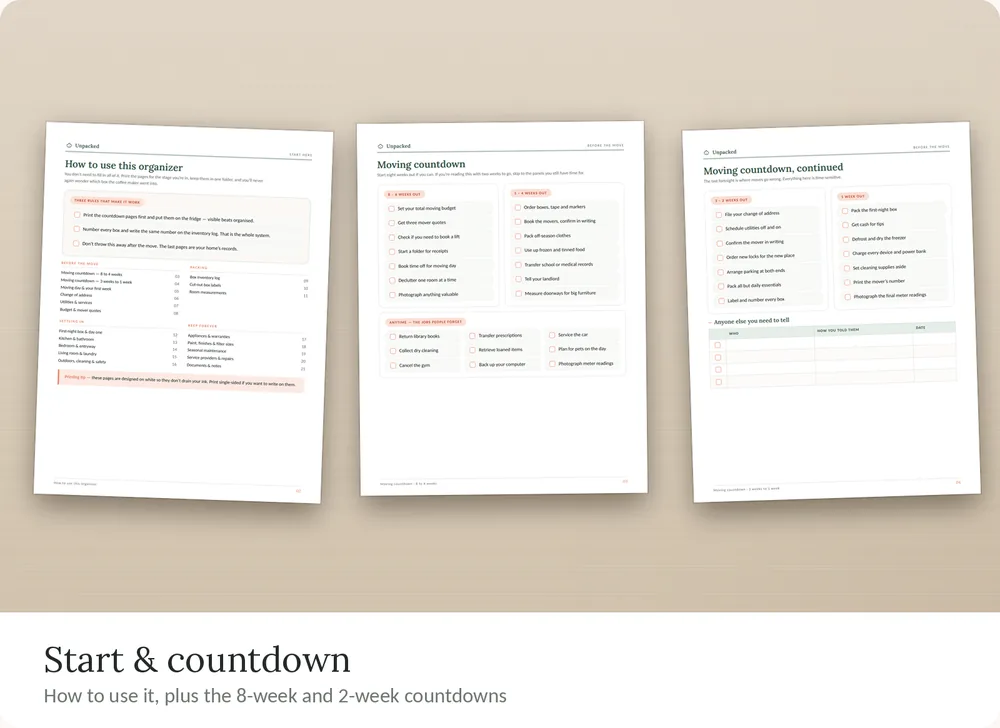 Unpacked organizer pages: how to use it, and the 8-week and 2-week moving countdowns.