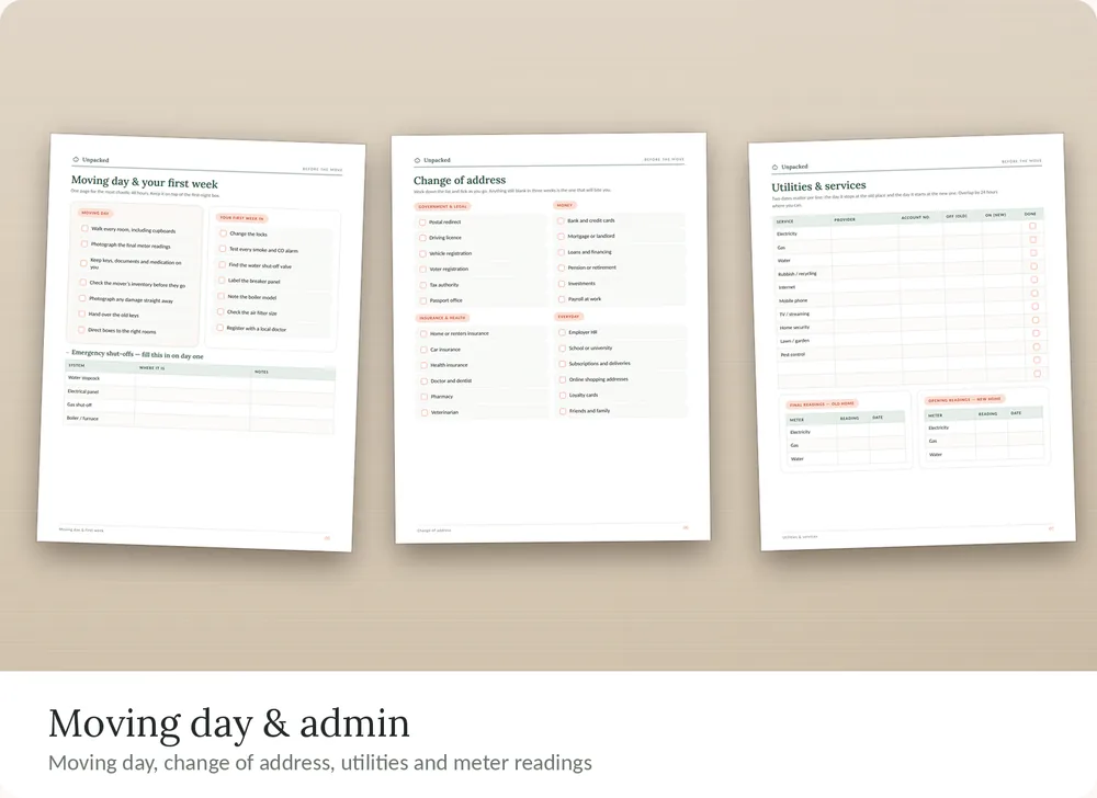 Unpacked organizer pages: moving day and first week checklist, change of address, utilities and services.