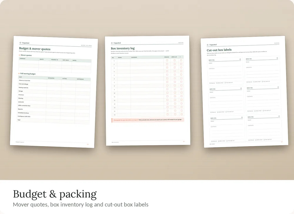 Unpacked organizer pages: budget and mover quotes, box inventory log, cut-out box labels.