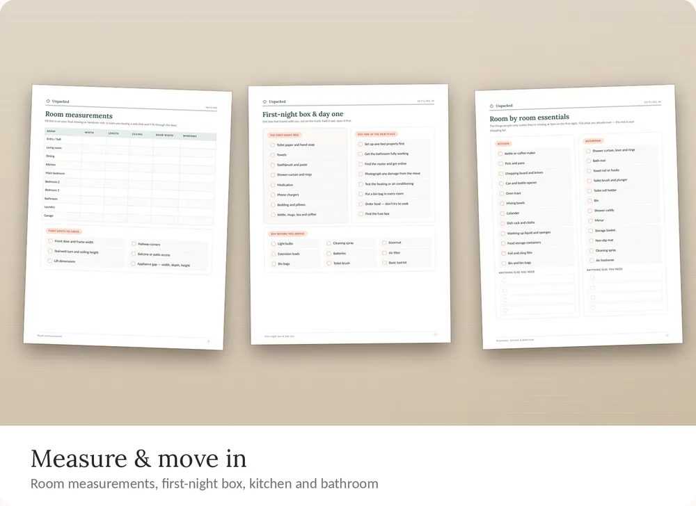 Unpacked organizer pages: room measurements, first-night box and day one, kitchen and bathroom essentials.