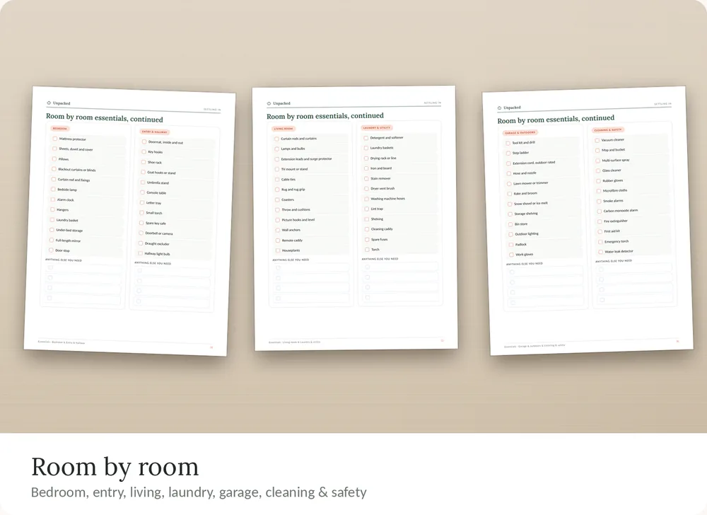 Unpacked organizer pages: room-by-room essentials for bedroom, entry, living room, laundry, garage and safety.