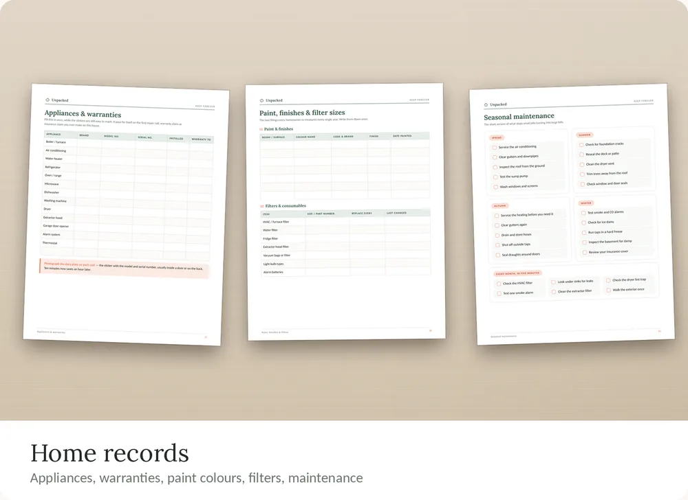 Unpacked organizer pages: appliances and warranties, paint and filter sizes, seasonal maintenance.
