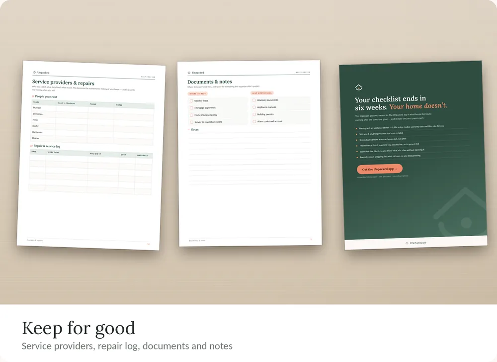 Unpacked organizer pages: service providers and repair log, documents and notes.